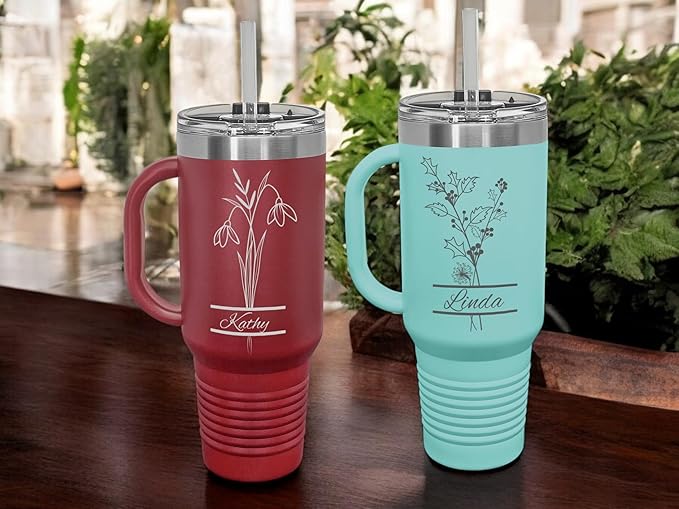 Perzonalized 40 oz Tumbler with Handle, Birth Flower Engraving – Fits Most Cup Holders, Dishwasher Safe, BPA-Free Lid & Straw – Powder-Coated Stainless Steel – Personalized Gift for Her