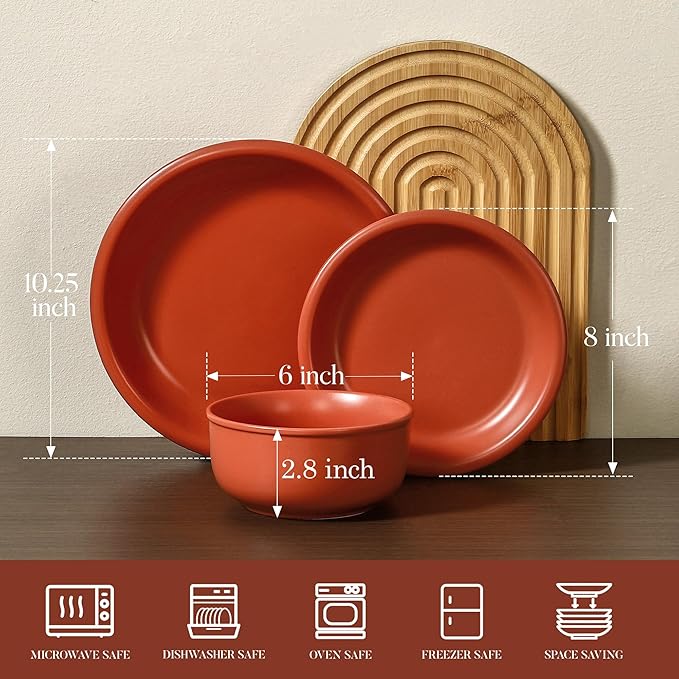 GZG Vintage Series - Ceramic Dinnerware Set for 2, 6 Pieces Stoneware Plates and Bowls Set, Lead-Free, Handcrafted Dishes Set, Microwave & Dishwasher Safe - Terracotta Red