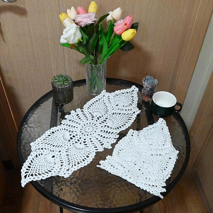 BIBITIME 2PCS 7 in x 21 in Crochet Lace Doilies Eyes Flower Doily Kitchen Table Coasters Vase Place Mats White Tablecloth Table Runner