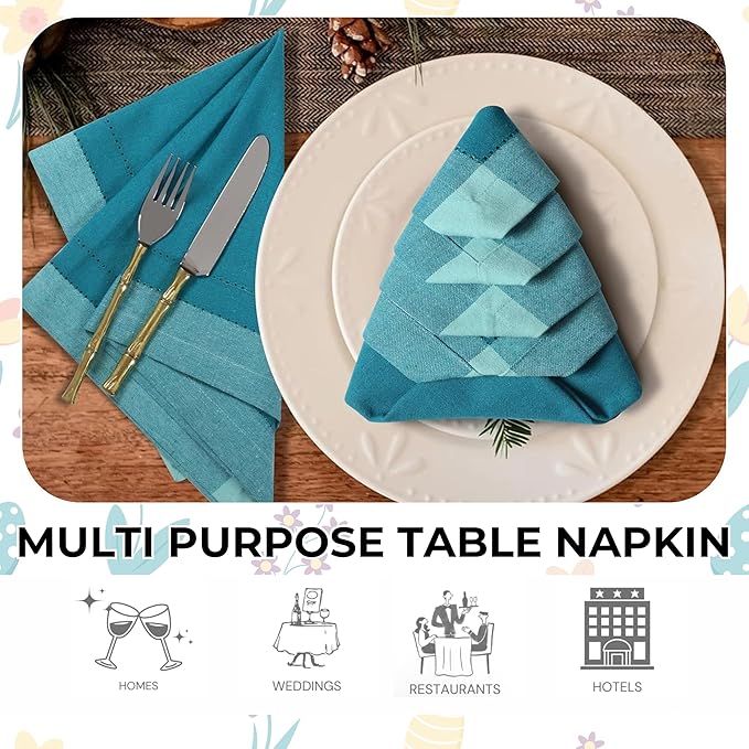 Homidate Cotton Cloth Dinner Napkins Set of 12 – 20x20 Teal Multi Double Hemstitched – Machine Washable Reusable Fabric Napkins for Weddings & Dinner Tables