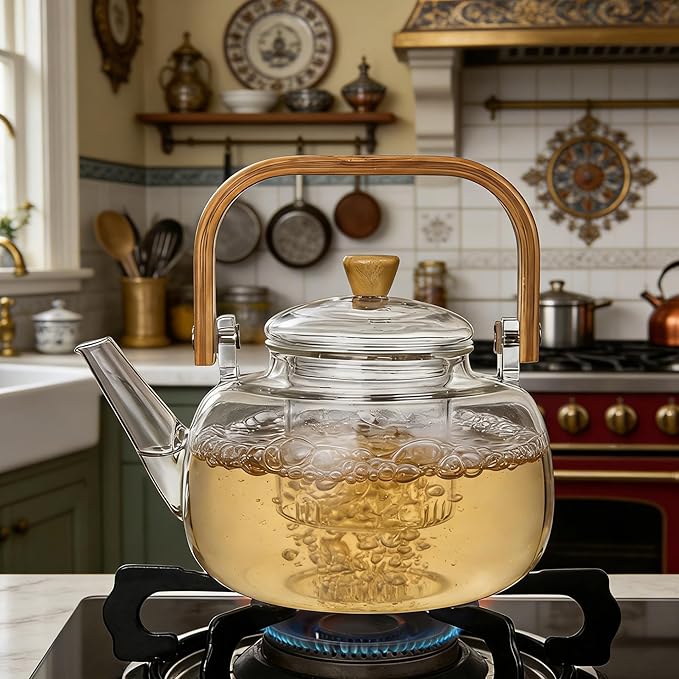 1500ml (50.72oz) Borosilicate Glass Teapot with Wooden Handle, Stovetop Safe Large Tea Kettle with Removable Glass Infuser for Blooming Tea and Loose Leaf Tea