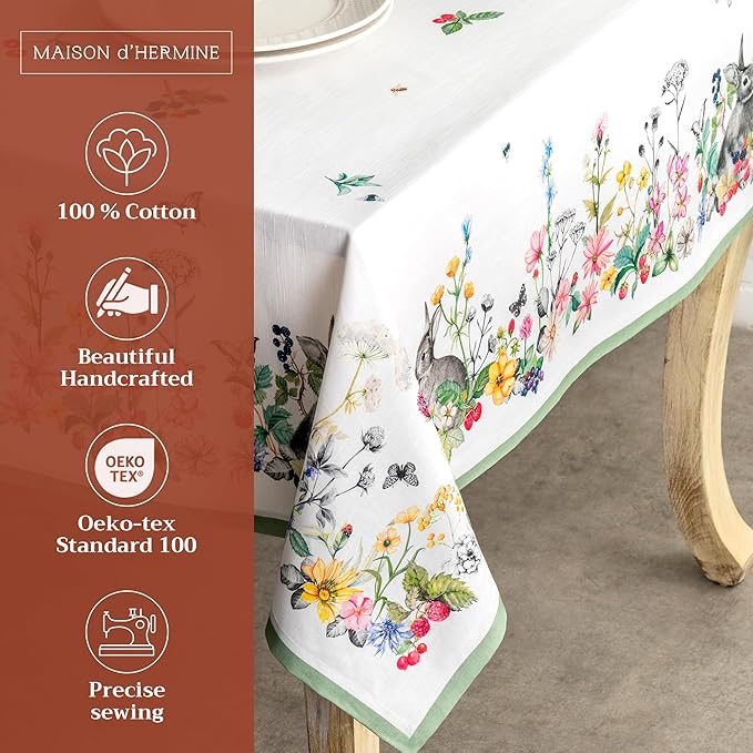 Maison d' Hermine Table Cloth Square Table 100% Cotton 54 x 54 Inches Tablecloth Reusable Decorative for Dining Room Farmhouse Home Valentines Day Decorations Spring Summer - Printemps