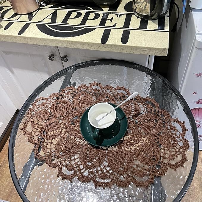 BIBITIME Lace Tablecloth Doily Handmade Crochet Placemat Women Vase Mat Kitchen Table Runner (2PCS- 12 x 22 in, Coffee)