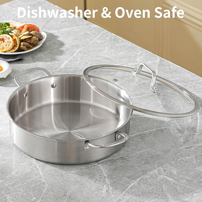 DELARLO Tri-Ply Stainless Steel 7QT Saute Pan With Lid, 12 Inch Deep Frying Pan, Induction Large Skillet, Cooker Pan for Chefs, Dishwasher & Oven Safe