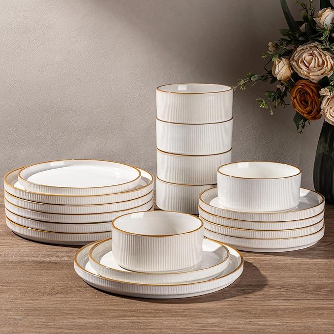 GBHOME 18-Piece Stoneware Dinnerware Set for 6 – Ribbed Ceramic Plates and Bowls, Scratch-Resistant, Microwave & Dishwasher Safe, Reactive Glaze, White with Honey-Brown Edge