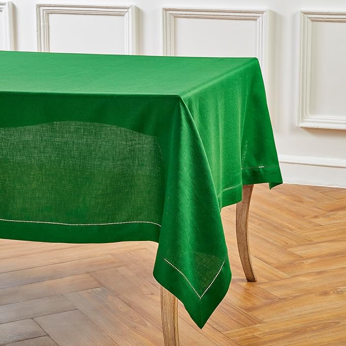 Solino Home Garden Green Linen Tablecloth 60 x 144 Inch - 100% Pure Linen Hemstitch Table Cloth for Rectangle Tables - Classic Hemstitch, Washable Tablecloth for Winter, St Patricks Day, Easter