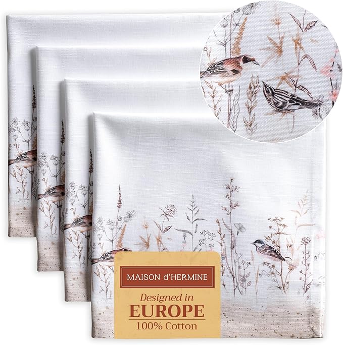 Maison d' Hermine Cloth Napkins Set of 4 100% Cotton Everyday Reusable Square Napkins Cloth Washable Dinner Wedding Valentines Day Decorations Spring/Summer (Meadow Florals - Brown, 20" x 20")