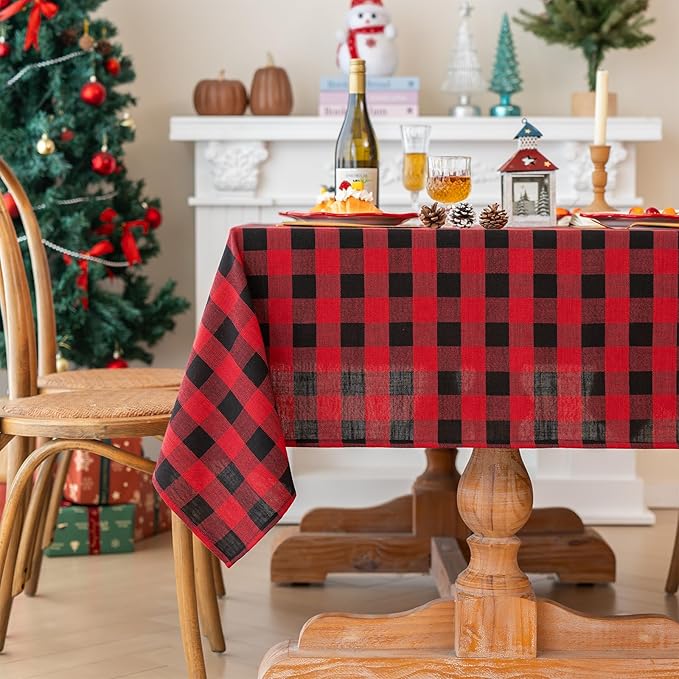 Christmas Gingham Tablecloth Heavy Duty Cotton Blend Red 60x60 inch Plaid Christmas Table Cloth Reusable Waterproof Foldable Tablecloths Xmas Table Cover for New Year Party Decor
