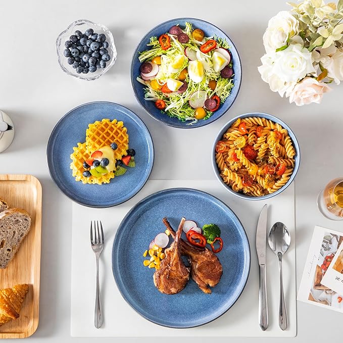 vancasso ANYA 24 Pieces Plates and Bowls Set, Blue Dinnerware Sets, Reactive Glaze Dishes Set for 6, Ceramic Dishware Sets Kitchen Dinner Set, Microwave & Dishwasher Safe