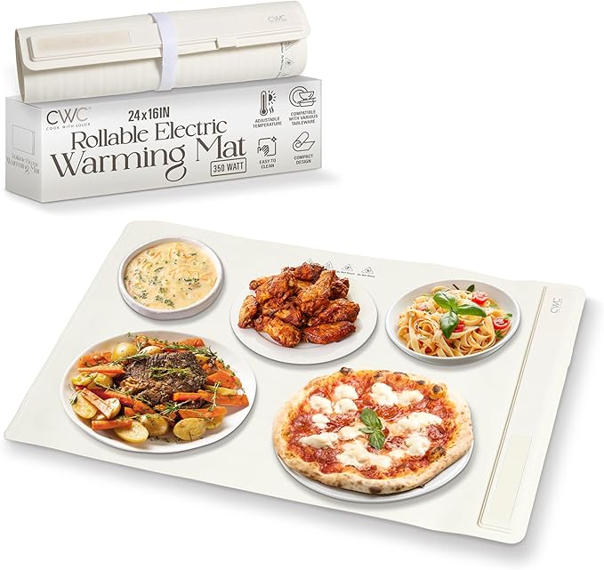 COOK WITH COLOR 350W Electric Food Warming Mat - Portable Food Warmer Tray with Adjustable Temperature, Fast 60-Second Heating, Auto Shut-Off, Rollable Silicone Pad for Parties & Everyday Use, Cream