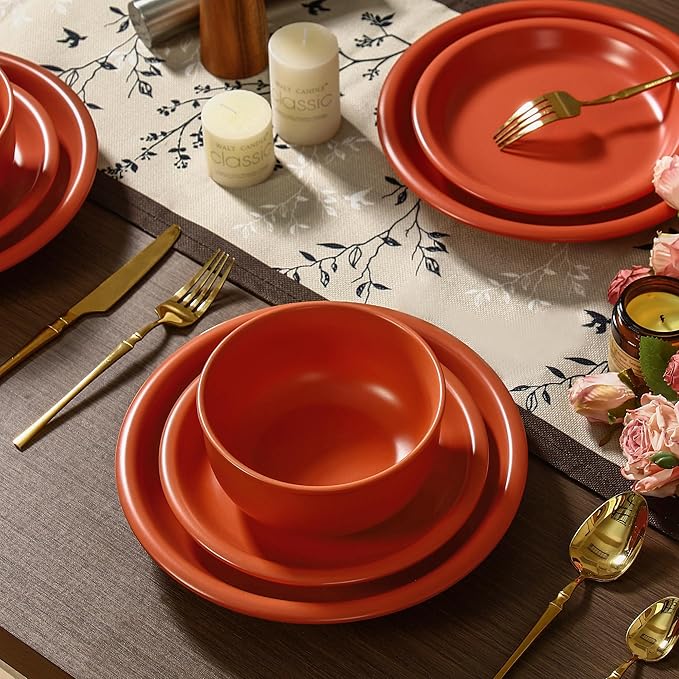 GZG Vintage Series - Ceramic Dinnerware Set for 2, 6 Pieces Stoneware Plates and Bowls Set, Lead-Free, Handcrafted Dishes Set, Microwave & Dishwasher Safe - Terracotta Red