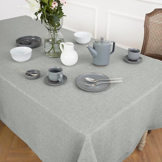 Solino Home Linen Tablecloth 60 x 120 Inch - 100% Pure Linen Chambray Grey Table Cloth for Rectangle Tables - Athena, Machine Washable Fabric Tablecloth