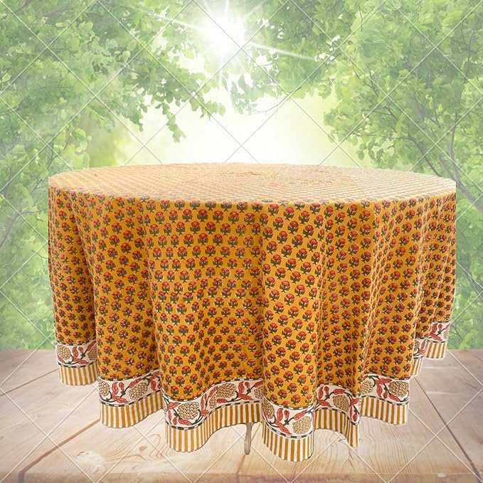 Ridhi Block Print Round Mustard Yellow Reusable Tablecloth 100% Cotton 110" Inch Decorative Table Cover eveyday Dining, Home, Party, Wedding, Farmhouse Gift for Spring, Easter, Valentine