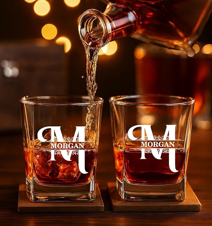 Personalized Engraved Whiskey Glass 10.25 oz – Etched Bourbon Glass with Heavy Base, Old Fashioned Cocktail Glass, Groomsmen & Father’s Day Gift (Whiskey Design 7)