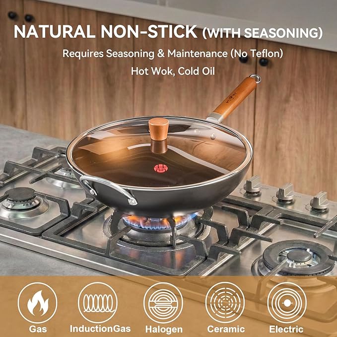 WANGYUANJI Carbon Steel Wok 14.2", Large Nitriding Flat Bottom Stir Fry Pan with Lid, No Chemical Coating Rust Resistant Iron Skillet for Induction Electric Gas Stoves, Big Capacity Serves 6+