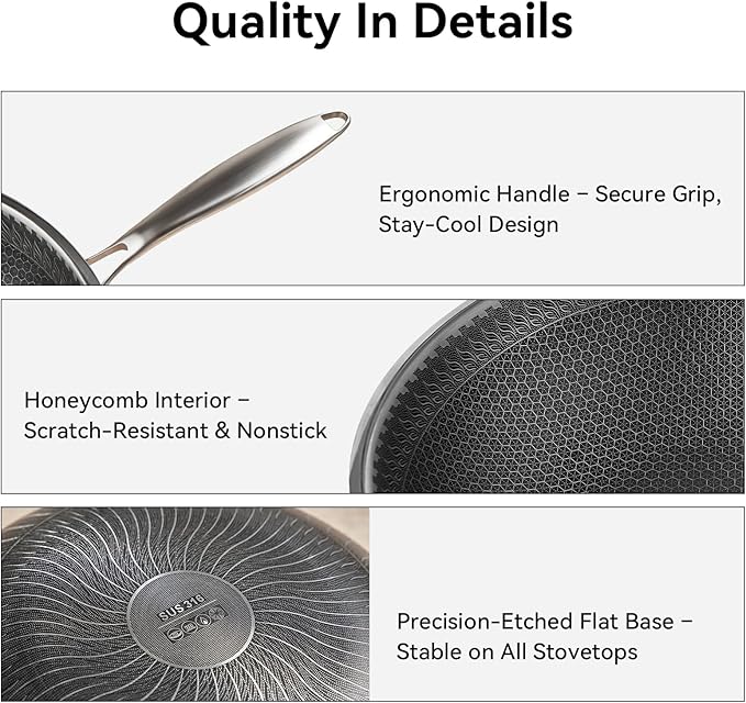 WANGYUANJI Coating-Free Hybrid Stainless Steel Wok with Lid, 12.6" Flat-Bottom Stir-Fry Pan, Honeycomb Surface, Induction Compatible, Dishwasher & Oven Safe