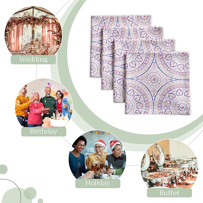 Maison d' Hermine Cloth Napkins Set of 4 100% Cotton Everyday Reusable Square Napkins Cloth Washable Dinner Party Wedding Restaurant Valentines Day Decorations Spring/Summer (Mandala, 20" x 20")