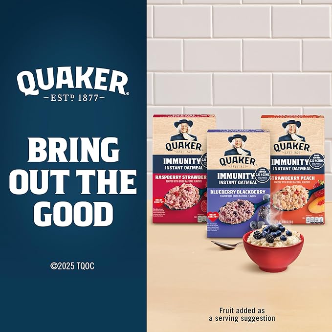 Quaker Immunity Instant Oatmeal, 3 Flavor Variety Pack, Good Source of Vitamins C, D, & Zinc, Whole Grains, No Artificial Flavors, No Colors from Artificial Sources, 1.41 oz Packets, (32 Pack)