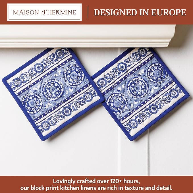 Maison d' Hermine Pot Holders Set 100% Cotton Heat Resistant Potholders 8" x 8" Hot Pads with Loop BBQ, Cooking, Baking, Grilling, Kitchen, Handling Hot Pans Spring/Summer (Pack of 2, Melodie Bleue)