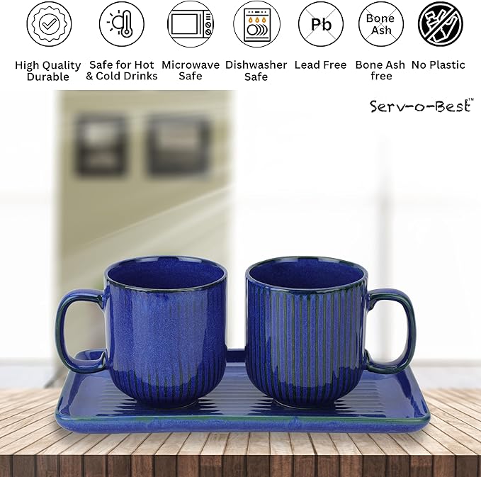 Ceramic Coffee Mugs with Handle Set – 2-Piece 11 Oz Ceramic Coffee Cups & 9" Tray, Handmade Midnight Blue Color, Microwave Safe Gift Set for Tea Lovers, Home Kitchen Décor