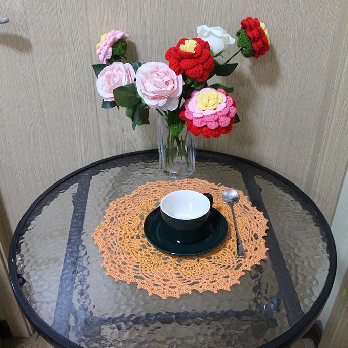 BIBITIME Lace Doilies Crochet Handmade Lace Coasters Round Placemat Rustic Table Doilies Decors for Kitchen Dining Room Party Dressers (11 inches to 12 inches,Pack of 2 PCS, Orange)