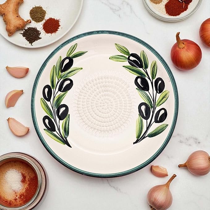 Ceramic Grater Bowl, Garlice Grater Plate, Handmade Ginger Grater, Mincer Bowl for Cheese &Vegetables, Ceramic Decorative Mincer, Hand Dish for Garlic (Olive Branch)