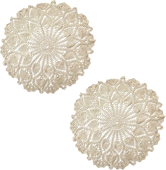 BIBITIME Lace Placemats Table Doilies Round Handmade Crochet Doily Kitchen Coffee Cup Mug Mats Dinner Place Mats (16 to 17.5 inches-2PCS, Beige)