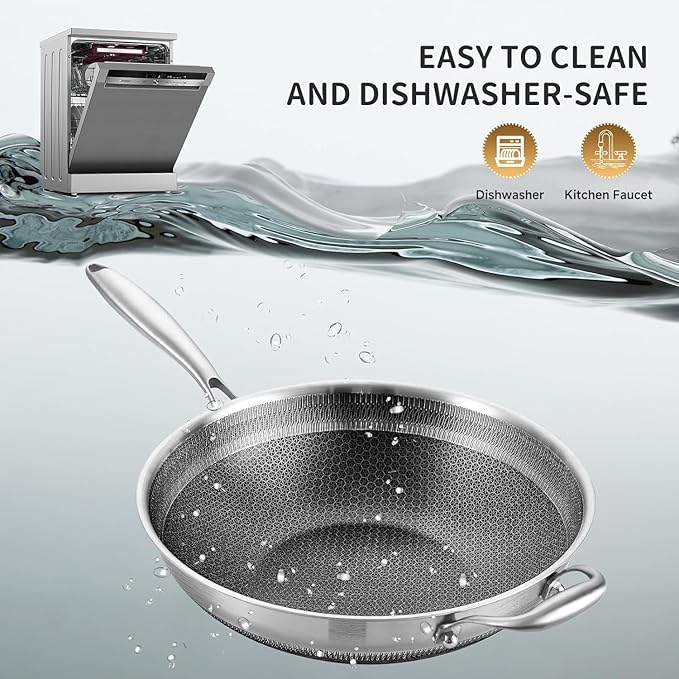 LOLYKITCH 14.5 Inch Nonstick Tri-Ply Stainless Steel Wok with Steel Lid, Large Flat Bottom Stir Fry Pan for Induction, Gas & Electric - PFOA Free, Dishwasher & Oven Safe, Detachable Handle