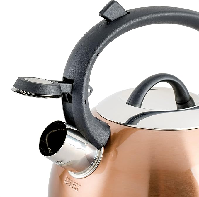 Mr. Coffee Flintshire 1.75-Quart Stainless Steel Whistling Tea Kettle with Nylon Handle – Copper Finish Stove-Top Kettle for Boiling Water