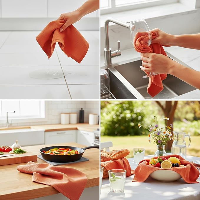 Urban Villa Kitchen Towels 100% Cotton Dish Towels for Kitchen(Set of 6) 20”x30” Dish Cloths Highly Absorbent Kitchen Linen Set with Hanging Loop Perfect for Drying Dishes Cleaning Hand Towels – Rust