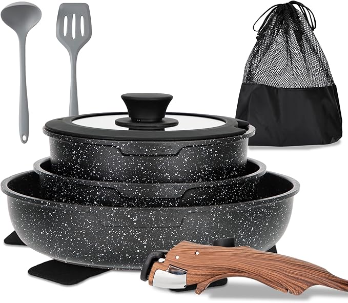 MAISON ARTS Detachable Handle Induction Pots and Pans Set, 10 Piece Non Stick Kitchen Cookware Sets, Stackable Black Granite RV Cooking Set for Camper
