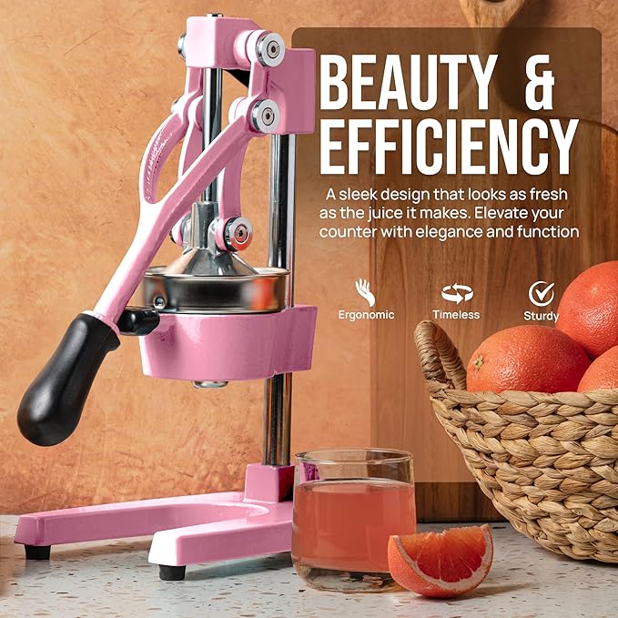 Zulay Kitchen Cast-Iron Orange Juice Squeezer - Heavy-Duty, Easy-to-Clean, Professional Citrus Juicer - Durable Stainless Steel Lemon Squeezer - Sturdy Manual Citrus Press & Orange Squeezer (Pink)