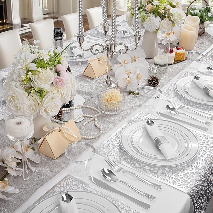 175PCS Sliver Plastic Plates - Silver Plates Disposable - White Plate with Silver Trim 25Guests Plastic Dinnerware Sets with Rolled Napkins for Wedding/Birthday/Valentine's Day