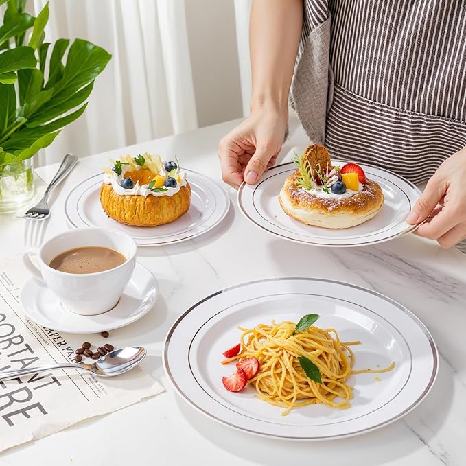 350Piece Silver Plastic Dinnerware Set for 50 Guests - Silver Plastic Plates with Cutlery Include:50Dinner Plates-50Dessert Plates-50Pre Rolled Napkins with Silverware Valentine's Day