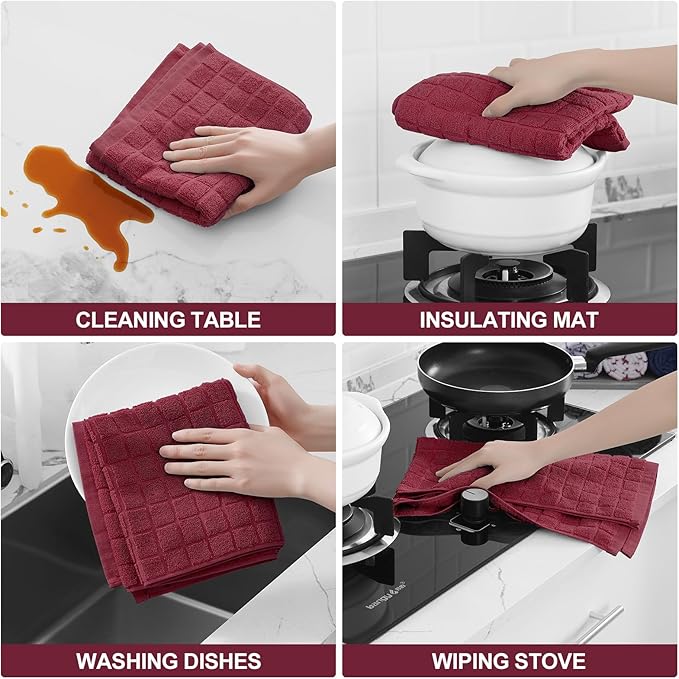 Homaxy Premium Cotton Kitchen Towels 16"x 28", Large Natural Ring Spun 390 GSM Dish Towels, Super Absorbent Terry Kitchen Hand Towels, Soft Tea Towels with Hanging Loop, Pure Red Design,6 Pack