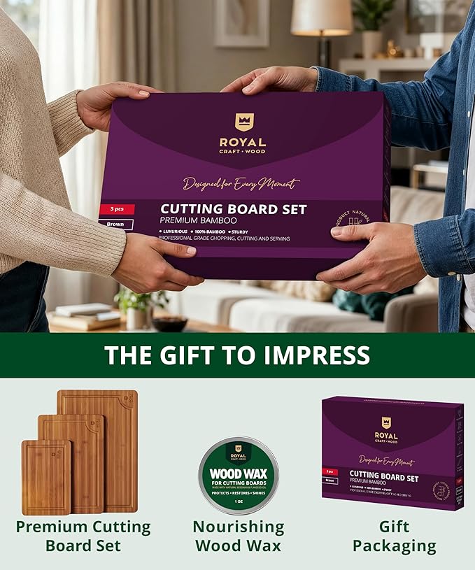ROYAL CRAFT WOOD Bamboo Cutting Board Set – 3 Durable Wooden Cutting Boards for Kitchen Meal Prep, Charcuterie & Serving – Chopping & Butcher Block with Juice Grooves – Gift-Ready Packaging & Wood Wax