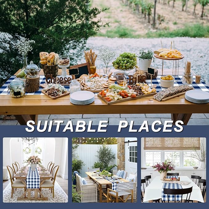 Hiasan Buffalo Plaid Table Runner, Classic Farmhouse Tabletop Collection, Waterproof Table Runner for Kitchen Dining, Banquet, Restaurant, Outdoor Use, 14W x 72L, Navy Blue and White, 1 Piece