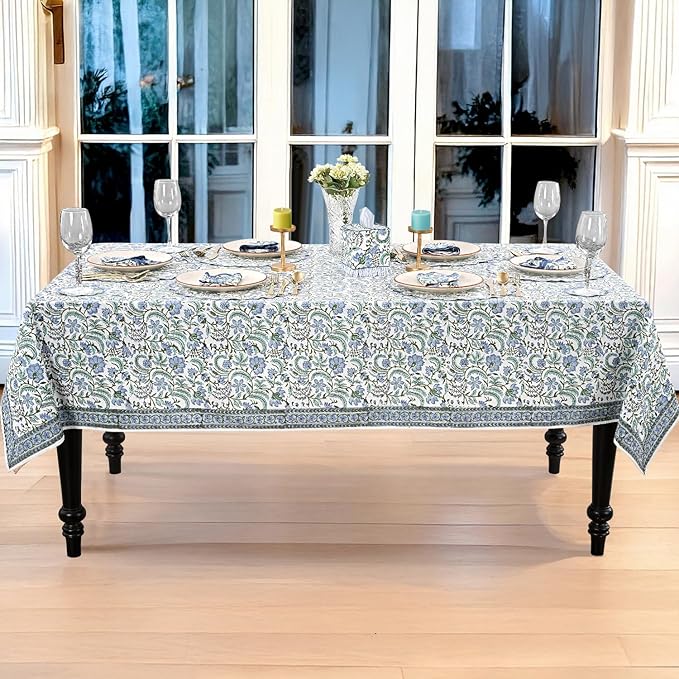 Ridhi Hand Block Print Columbia Blue Rectangle Cotton Tablecloth 108" x 70" Reusable Table Cover Decorative Everyday Use for Dining, Farmhouse, Home Gift for Spring, Easter, Valentine