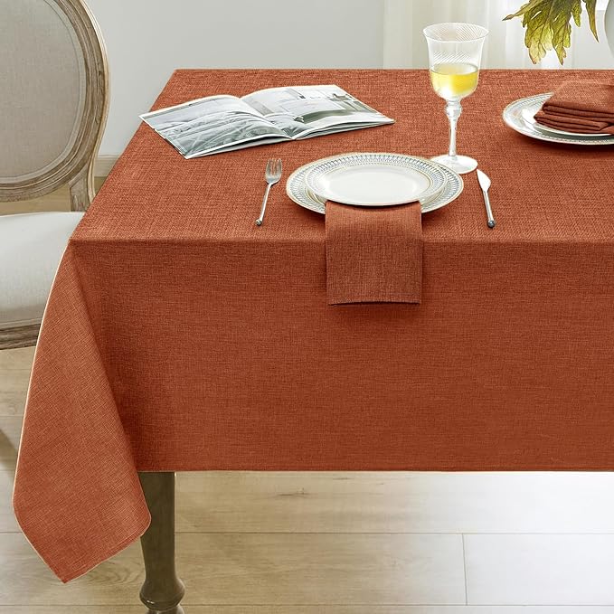Softalker Fall Linen Textured Rectangle Tablecloth, Thanksgiving Waterproof Farmhouse Burlap Table Cloth, Stain Resistant Table Covers for Kitchen Dining Holiday Party (52 x 70, Burnt Orange)
