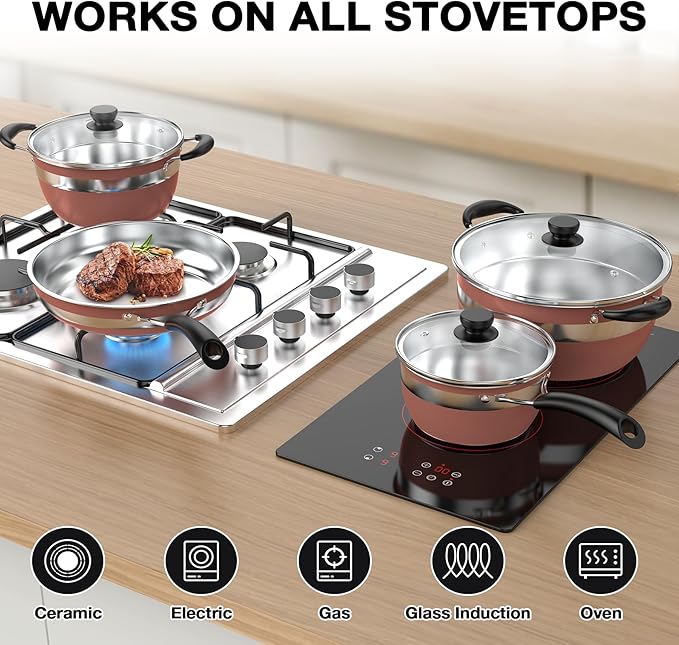 VBGK Pots and Pans Set Stainless Steel Cookware Set 10 Piece,Non Toxic Kitchen Induction Cookware Set,Kitchen Cooking Set with Tempered Glass lid & Stay-Cool Handle,Dishwasher Oven Safe,Stackable