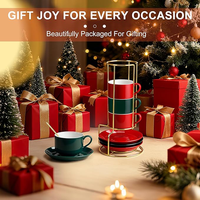 3 Ounce Espresso Cups Set of 4, Stackable Demitasse Mugs, Includes Display Stand, Cups Saucers & Spoons, for Machines & Home Use, Red Green Gold Tone