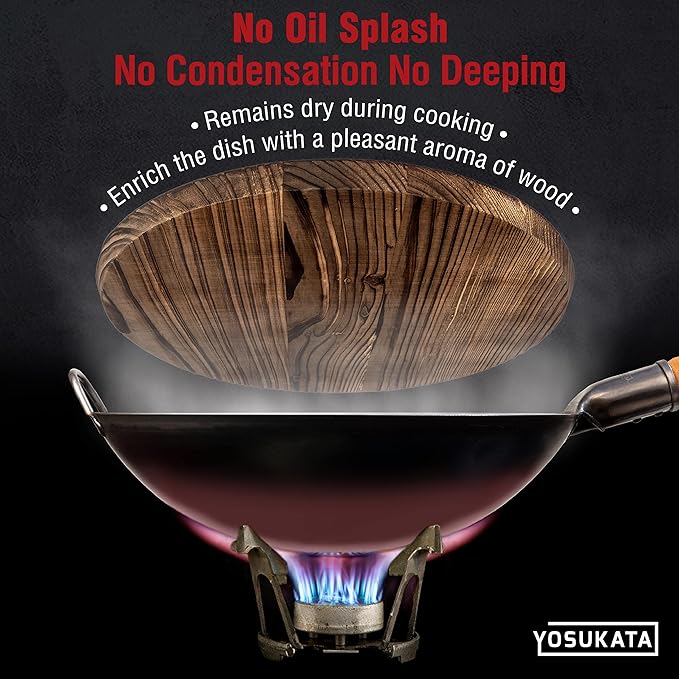 YOSUKATA Carbon Steel Wok Pan 14 in + Premium Wok Cover 14 inch Pan Lid - Wooden Lid 14 in with Ergonomic Handle