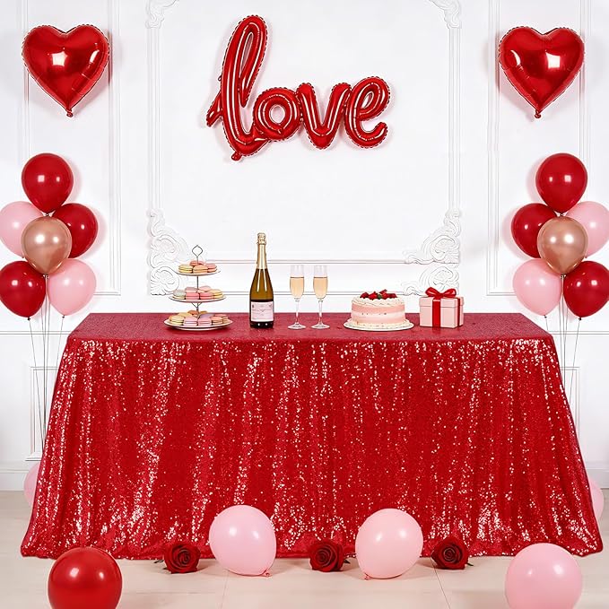 Eternal Beauty Red Tablecloth, 60x102 Inch Sequin Christmas Rectangle Table Cover for Valentines Cake Dessert Exhibition Party Birthday Events