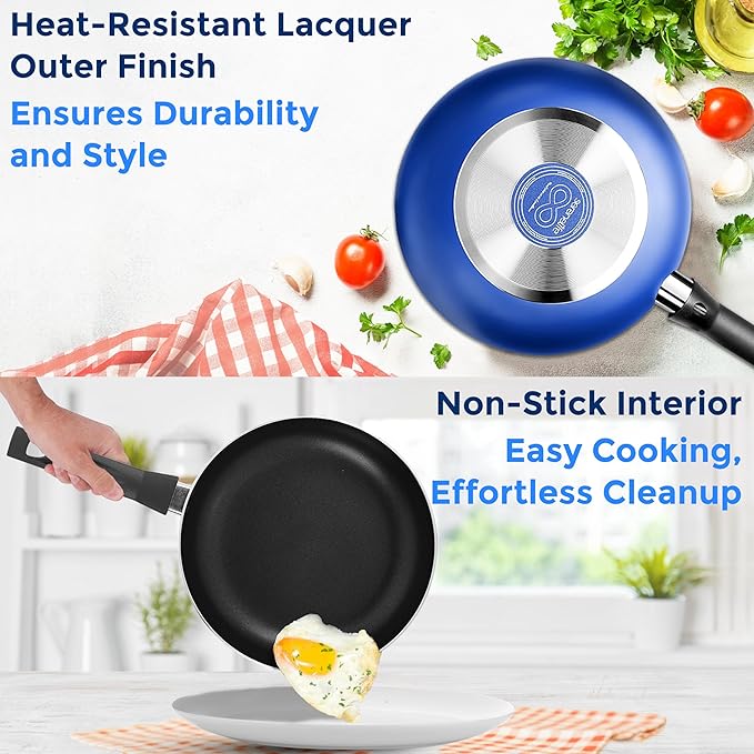 SereneLife 20-Piece Blue Cookware Set with Knives - Includes Multi-Sized Pots and Pans Set Non stick with Lids and Utensils, Heat Resistant, Dishwasher Safe