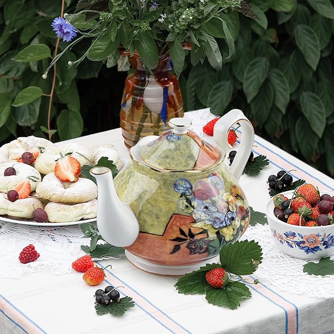 Teapot 30 oz Vangogh Paintings Bone China Loose Tea Pot Floral Design Vintage Ceramic Coffee Water Pot European Style Porcelain (Flower Vase)