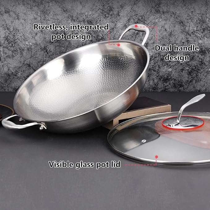 12.6 Inch Titanium Hammered Wok with Double Handles, Frying Pans Nonstick, Non-Stick Wok, Scratch-Resistant Non Stick Titanium Pans for Cooking,with lid 12.6in