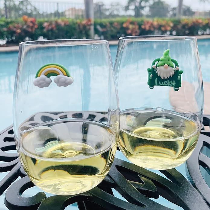 Simply Charmed St. Patrick's Day Gnome Magnetic Wine Glass Charms – Green Drink Markers, St. Pat’s Party Accessories, Set of 6