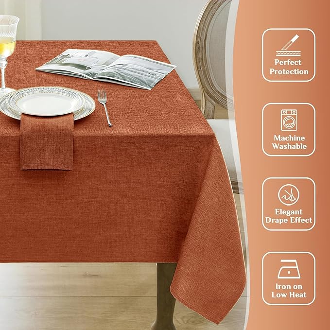 Softalker Fall Linen Textured Rectangle Tablecloth, Thanksgiving Waterproof Farmhouse Burlap Table Cloth, Stain Resistant Table Covers for Kitchen Dining Holiday Party (52 x 70, Burnt Orange)
