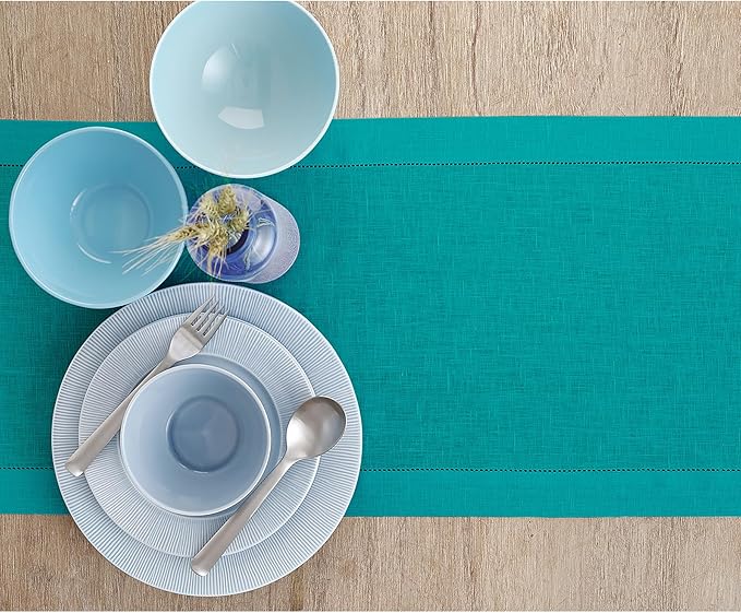 Solino Home Linen Teal Table Runner 132 Inches Long - 100% Pure Linen Extra Long Table Runner 14 x 132 Inch - Classic Hemstitch