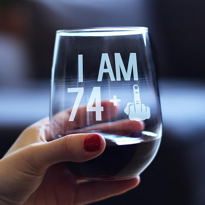 74 + 1-75th Birthday Stemless Wine Glass for Women & Men - Cute Funny Wine Gift Idea - Unique Personalized Bday Glasses for Mom, Dad, Friend Turning 75 - Drinking Party Decoration